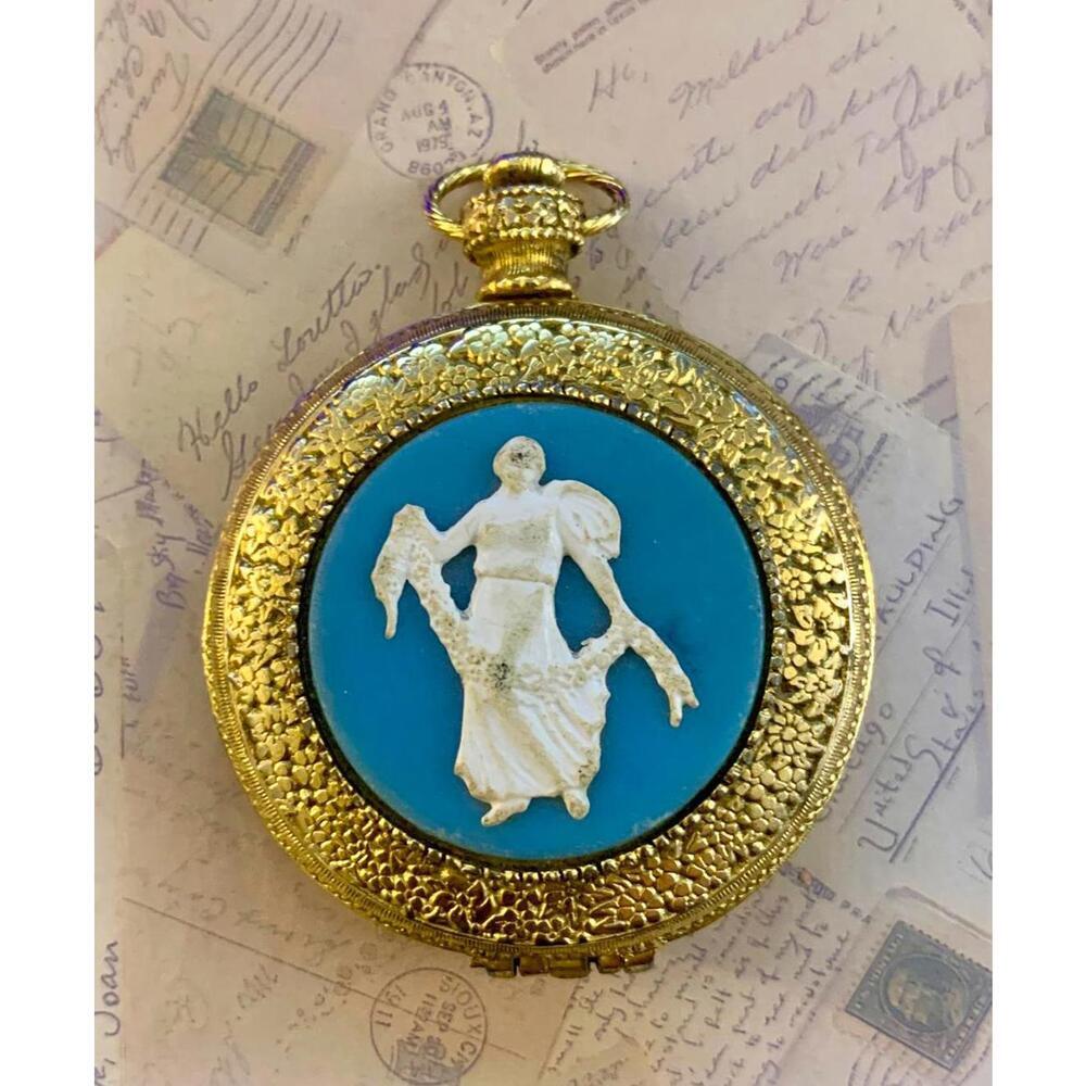Vintage Pocket Watch Style Powder Compact Blue Cameo Classical Maiden Gold